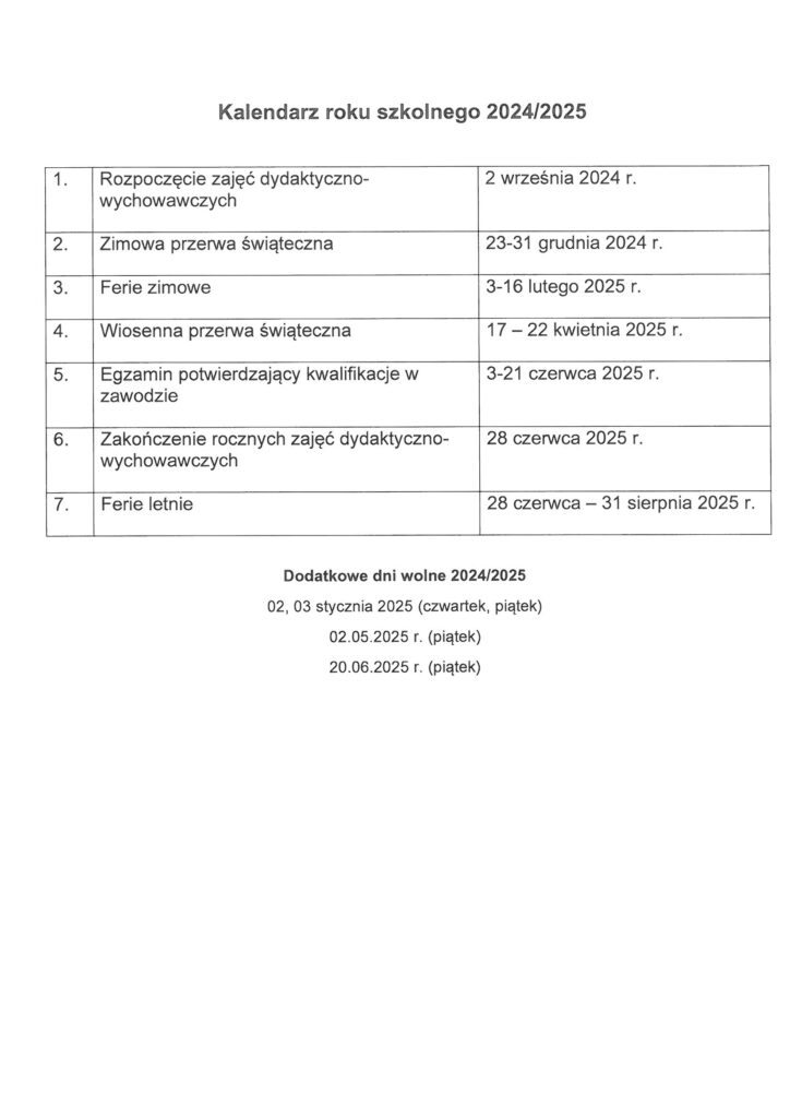 Kalendarz roku szkolnego 2024/2025